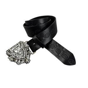 B-Low Leather Belt Womens Size 32 Black Embossed Rhinestone Buckle Dress *